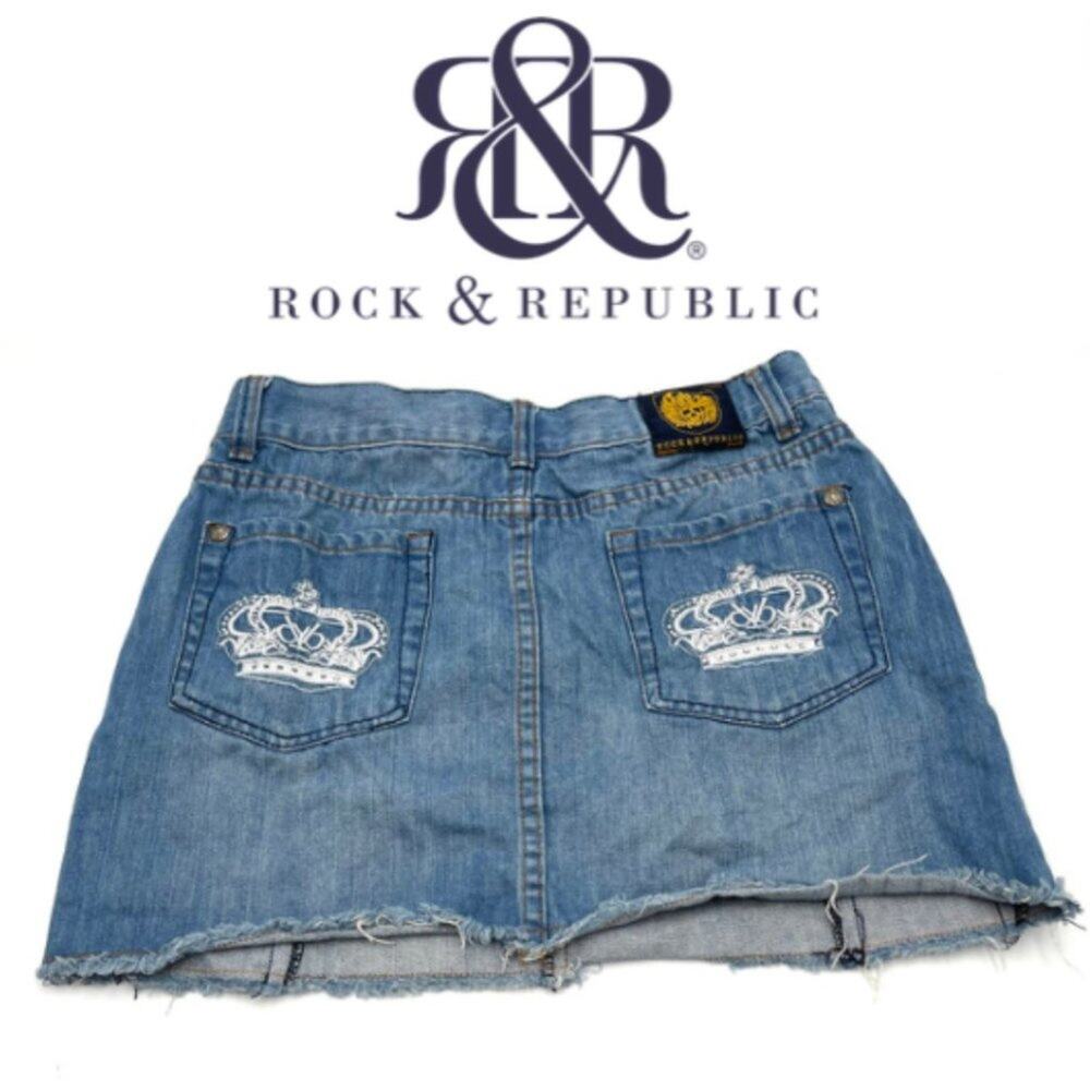 Rock and Republic distressed Denim Mini Skirt SIZE 29 embroidered pockets